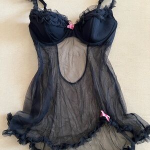 Vintage Y2K Victoria's Secret Black Sheer Chemise with Pink Accents 34c